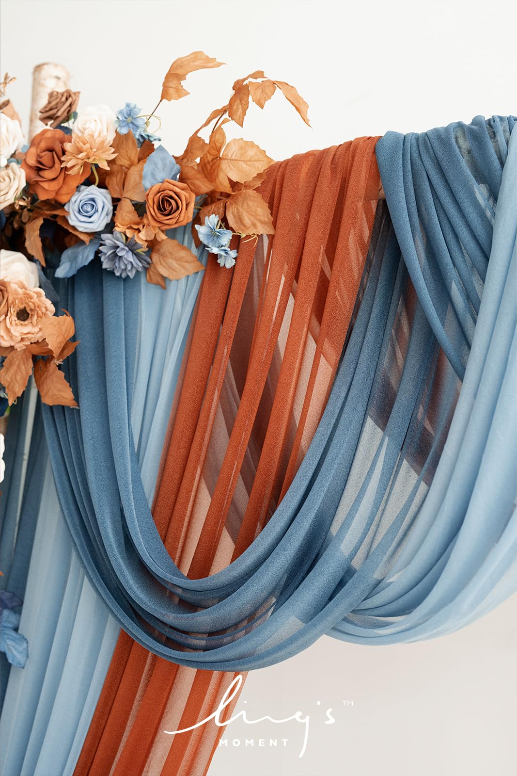 Ling's moment Fall Wedding Arch Flowers with Sheer Drapes Kit - Artificial Orange and Navy Blue Floral Arrangements for Ceremony Backdrop, Arbor Decor, 5-Piece Set (2 Flower Stems + 3 Hanging Drapes)