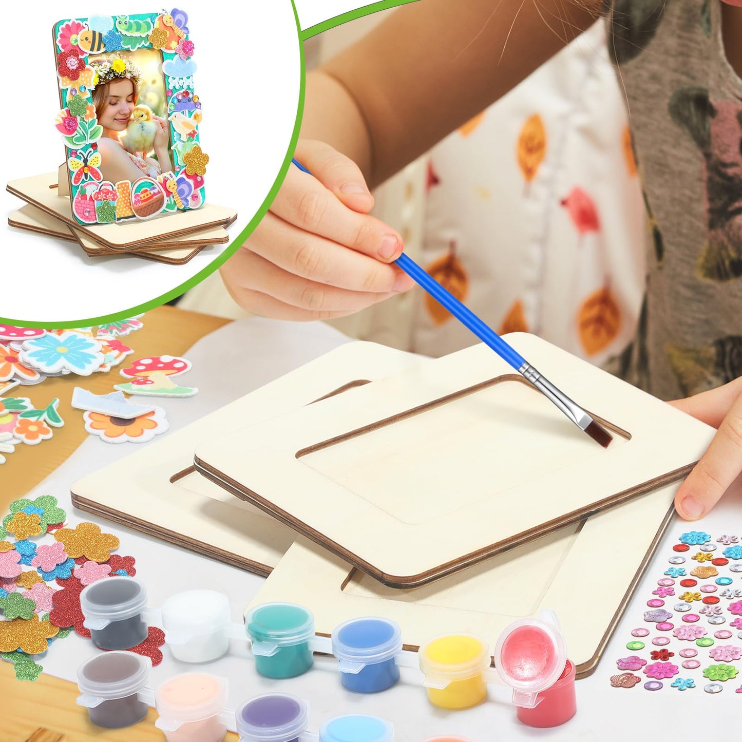 Gerrii 12 Pack Spring Picture Frame Painting Craft Kit Unfinished Wooden Photo Frame for 3 x 5 in Photos with Stickers Painting Tools Set for Graduation Birthday Home DIY Craft