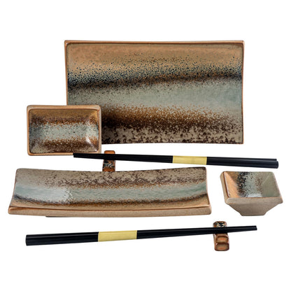 UNICASA Ceramic Sushi Plate Set 8 Piece, Japanese Style Sushi Serving Set for 2, Dishwasher & Microwave Safe, Include Sushi Plates, Sauce Dishes, Chopsticks & Holders, Light Brown