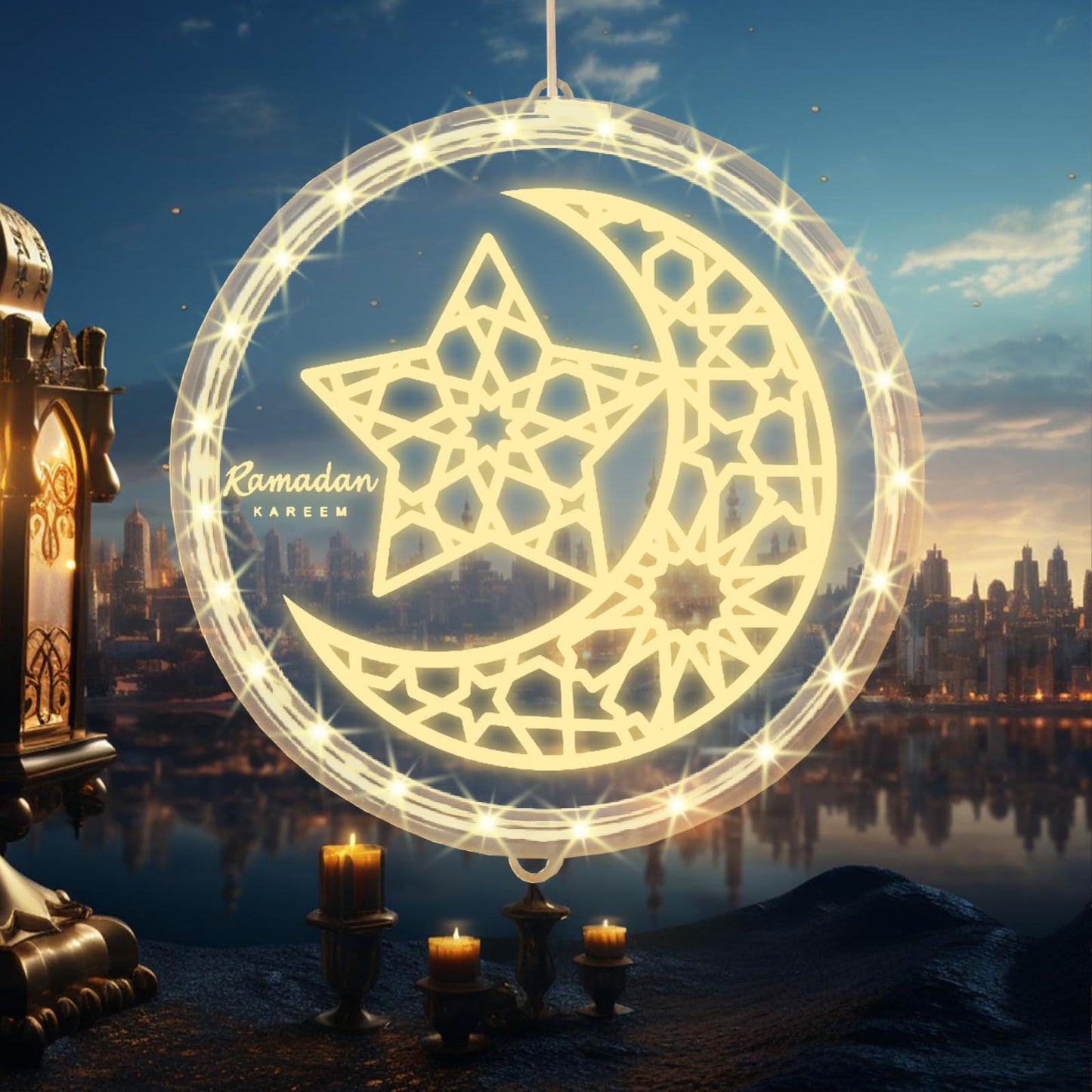 ALIBBON 3D Ramadan Kareem Lights Moon Star LED Lights Eid Mubarak Window Lights Islamic Muslim Style Hanging Lights with Suction Cup Battery Operated Eid Lights Ramadan Decorations for Home