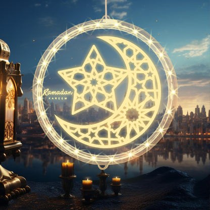 ALIBBON 3D Ramadan Kareem Lights Moon Star LED Lights Eid Mubarak Window Lights Islamic Muslim Style Hanging Lights with Suction Cup Battery Operated Eid Lights Ramadan Decorations for Home