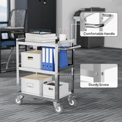 LEADZM 15"L x 24"W x 33"H Utility Rolling Cart on Wheels With Braker, 3-Tier Heavy Duty Commercial Storage Tool Serving Cart With Handle, Stainless Steel for Kitchen Home & Business, Silver