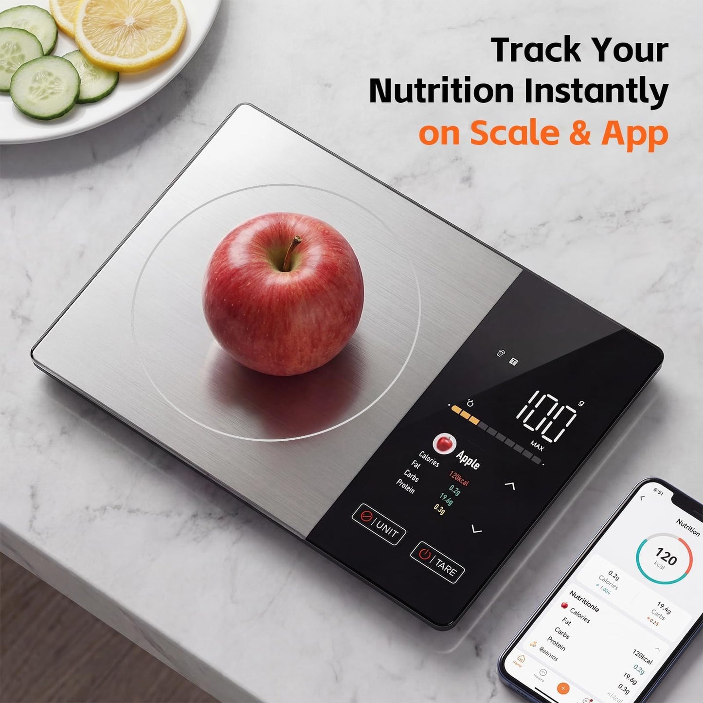 WARMKEY TFT Dual Display Smart Nutrition Scale with App, Tracks Calories, Fat, Carbs & Protein, 1g Precision, 5kg/11lb, 50 Foods 24 Nutrients, for Meal Prep, Keto & Healthy Diet