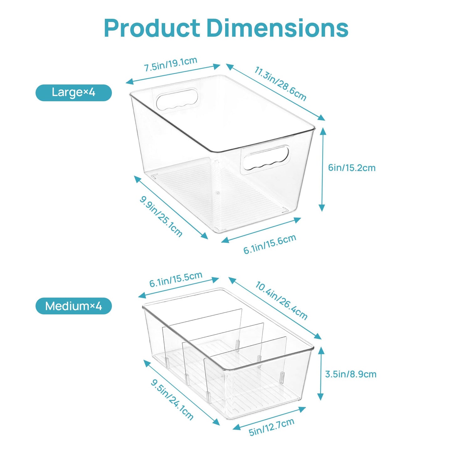 Vtopmart 8 Pack Clear Plastic Storage Bins Set, 4 Large Pantry Organizer Bins with Handle and 4 Medium Snack Organizer Bins with 4-Compartment for Pantry, Kitchen, Fridge, Cabinet Organization