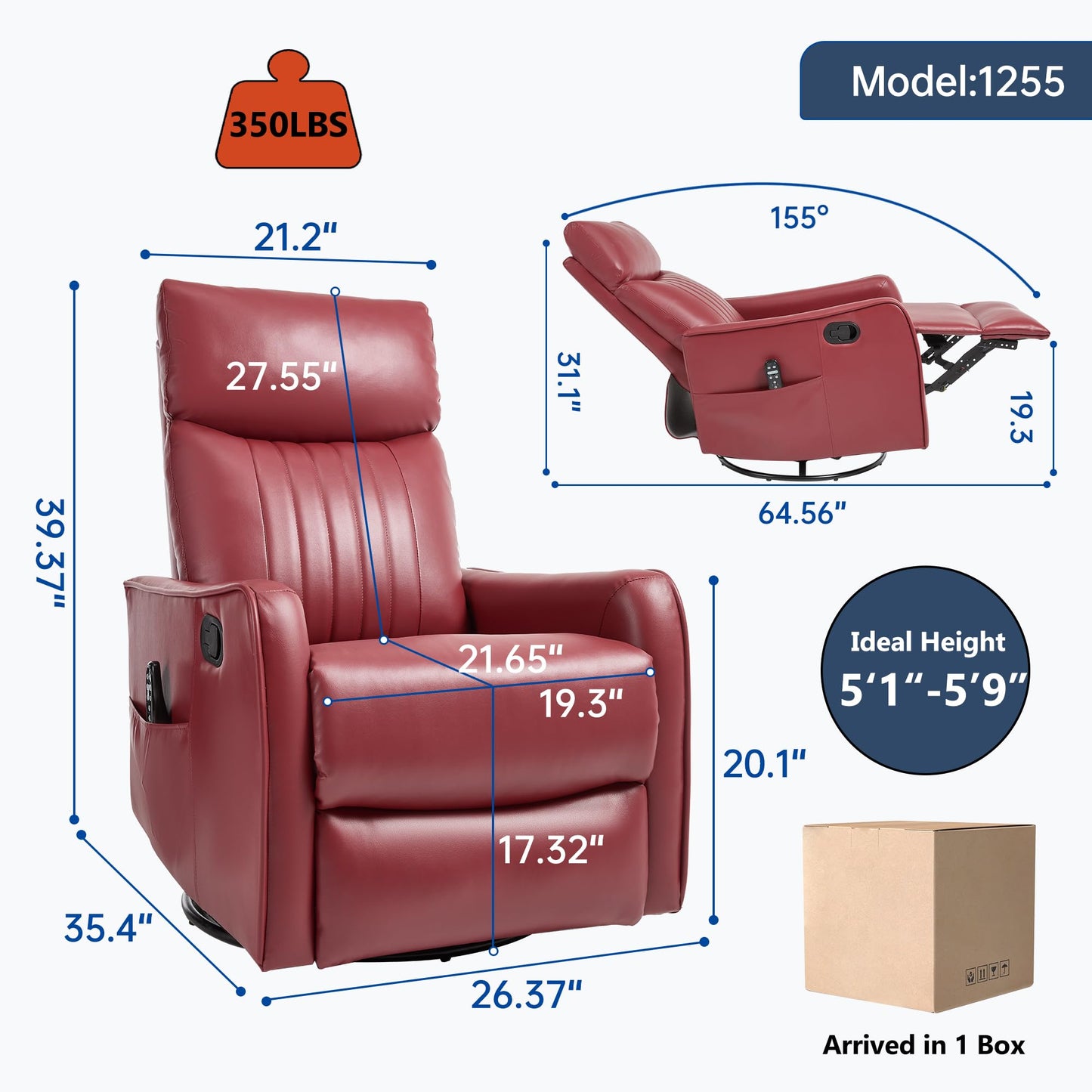 KEIKI 4-in-1 Manual Swivel Rocker Recliner Chair for Living Room, Faux Leather Nursery Glider Rocking Chairs with Back Massager & Heat, Engineered for Compact Apartment Comfort Lounging Daily, Red