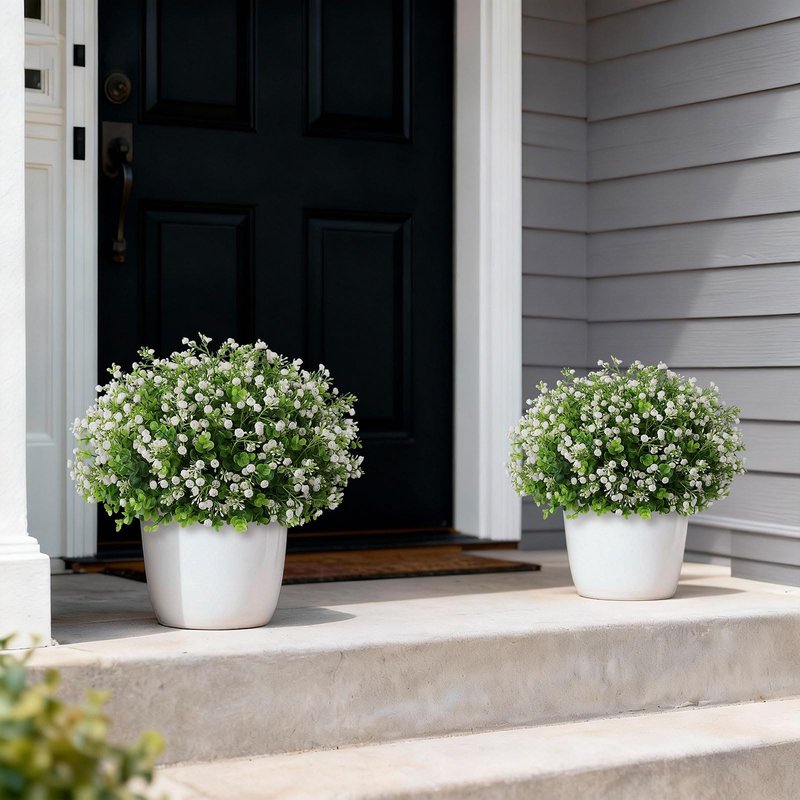 Artificial Eucalyptus with Baby's Breath Topiary Ball Trees - 2 Set Plastic Faux Eucalyptus Plants in Pot, Sun Resistant Fake Greenery Potted Bushes for Front Door Farmhouse Garden Porch Decor