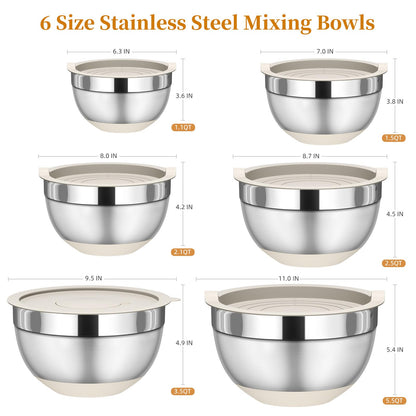 Fyrnova Mixing Bowls with Lids Set, 6 Piece Stainless Steel Nesting Storage Bowls for Kitchen, with 3 Grater Attachments & Non-Slip Bottoms, Size 5.5,3.5,2.5,2.1,1.5,1.1 QT