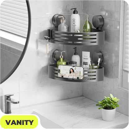 2 BREIS Corner Shower Caddy Suction Cup, PCS No Drilling Shower Shelves with Hooks, Powerful Upgraded Suction Bathroom