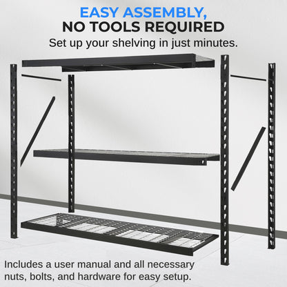 SereneLife Heavy Duty 3-Tier Metal Garage Shelving | 24" x 77" x 72" Extra Wide Adjustable Storage Utility | Freestanding Bulk Storage Rack | Open Wire Mesh Design | 2000 lbs. Capacity