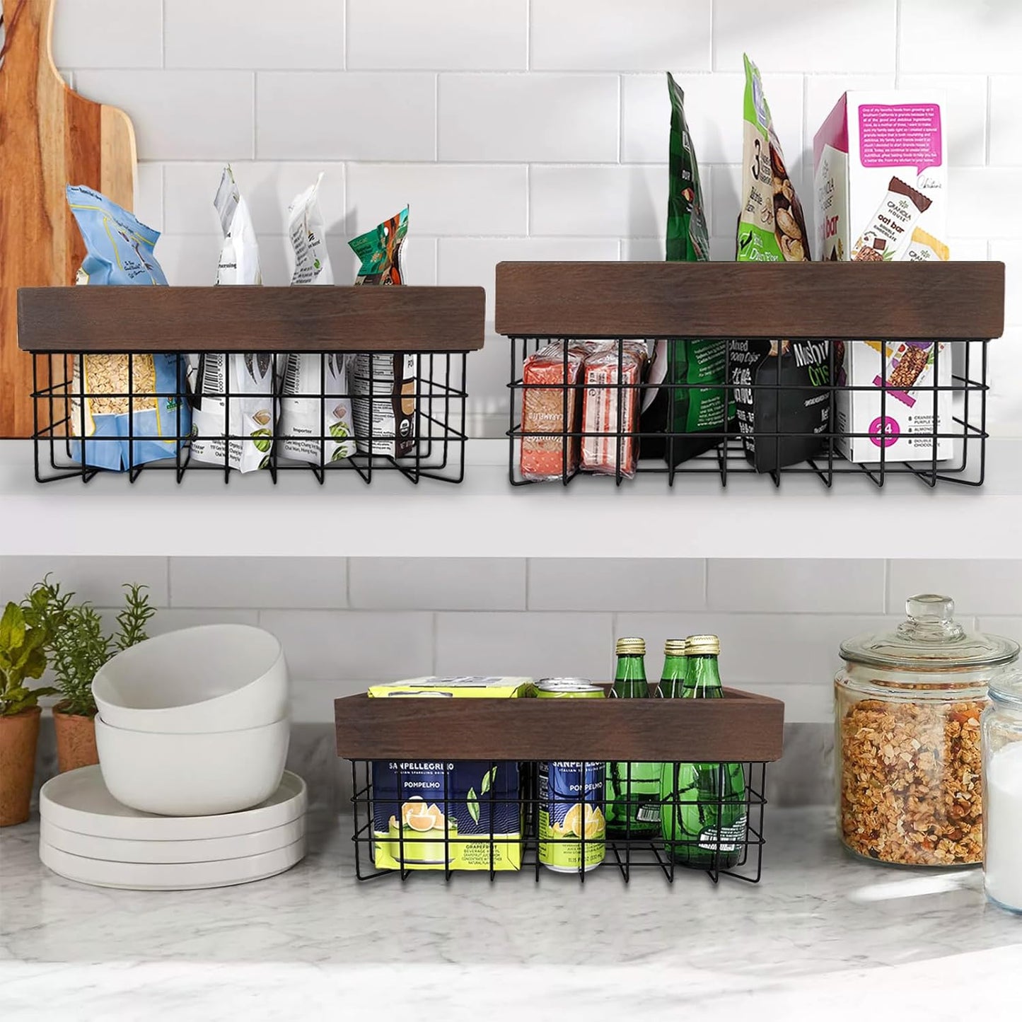 Set of 3 Metal Wire Baskets, Organizing Wood Top with Handles, Storage Organizer for Kitchen Cabinets, Pantry, Laundry