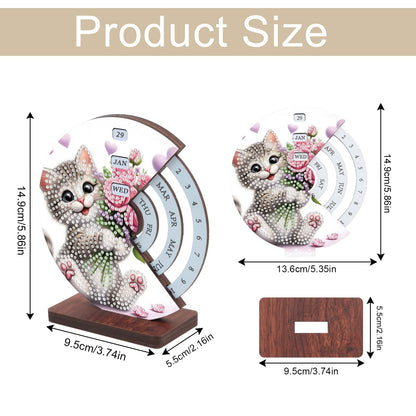 AiYuanzsh 3D Diamond Art Tabletop Perpetual Calendar Kit, DIY Wooden Desktop Ornament with Cute Cat Design, Sparkling Diamond Painting Desk Decoration Gift for Home & Office