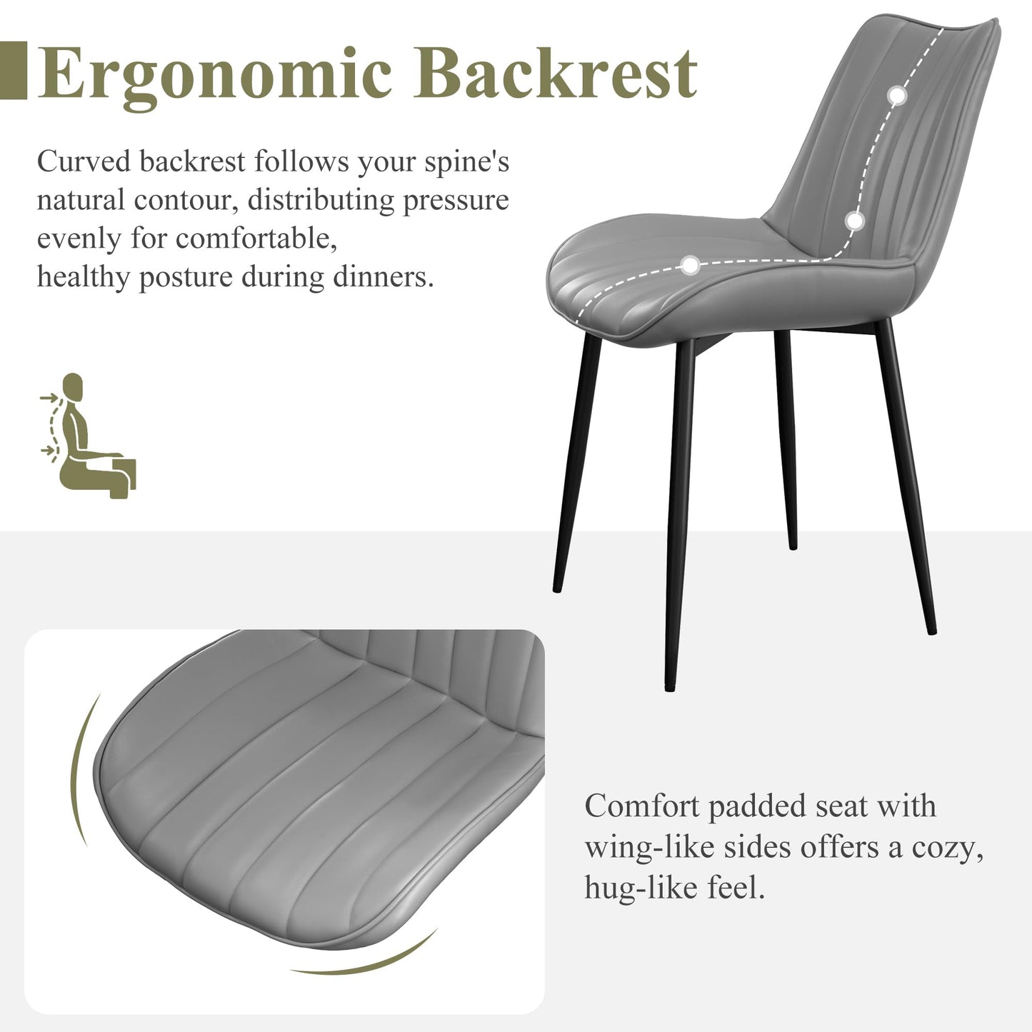 VECELO Dining Chairs Set of 6, Upholstered Kitchen Chairs with Comfortable Faux Leather Cushions and Neat Stitching, Mid-Century Modern, Easy Assembly, Grey