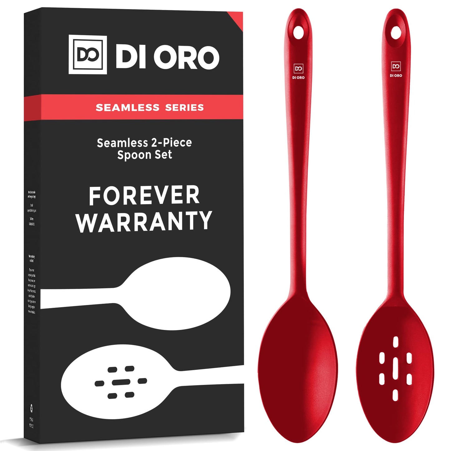 DIORO Silicone Mixing & Serving Spoons - Large Heat-Resistant Non Stick Utensils Big Solid & Slotted Basting & Stirring Spoons - Dishwasher Safe (2pc, Red)
