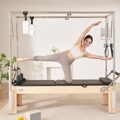 VEVOR Pilates Reformer, Wooden Pilates Machine for Home Gym Studio, Strength Training Workout Equipment with Dual Resistance, Reformer Box, Jump Board, for Advanced Users and Beginners, Up to 400 LBS