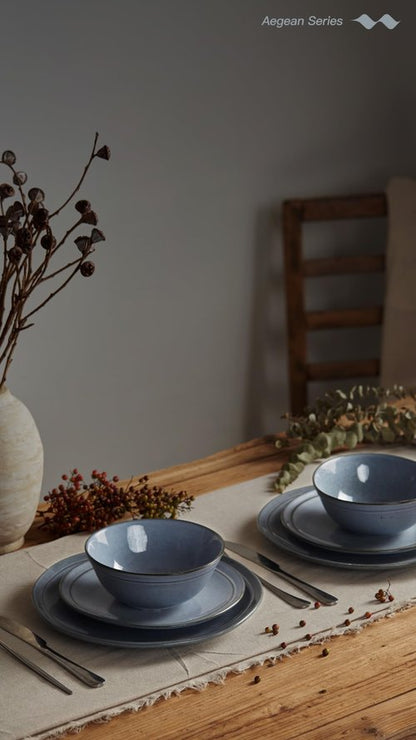 Famiware Aegean Stoneware Dinnerware Set for 8, Plates and Bowls Sets, 24 Pieces Scratch Resistant Dinner Set, Handmade Irregular Round Dishes - Microwave and Dishwasher Safe, Blue Grey