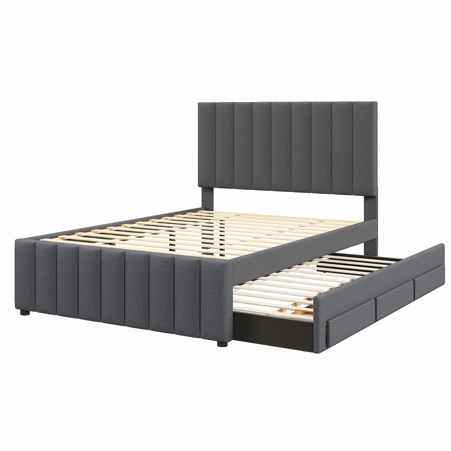 Merax Full Size Upholstered Platform Bed with Trundle and 3 Storage Drawers, Full Bed Frame & Tall Stripe Headboard for Bedroom, Solid Wood Slats Support, No Box Spring Needed, Easy Assembly, Gray