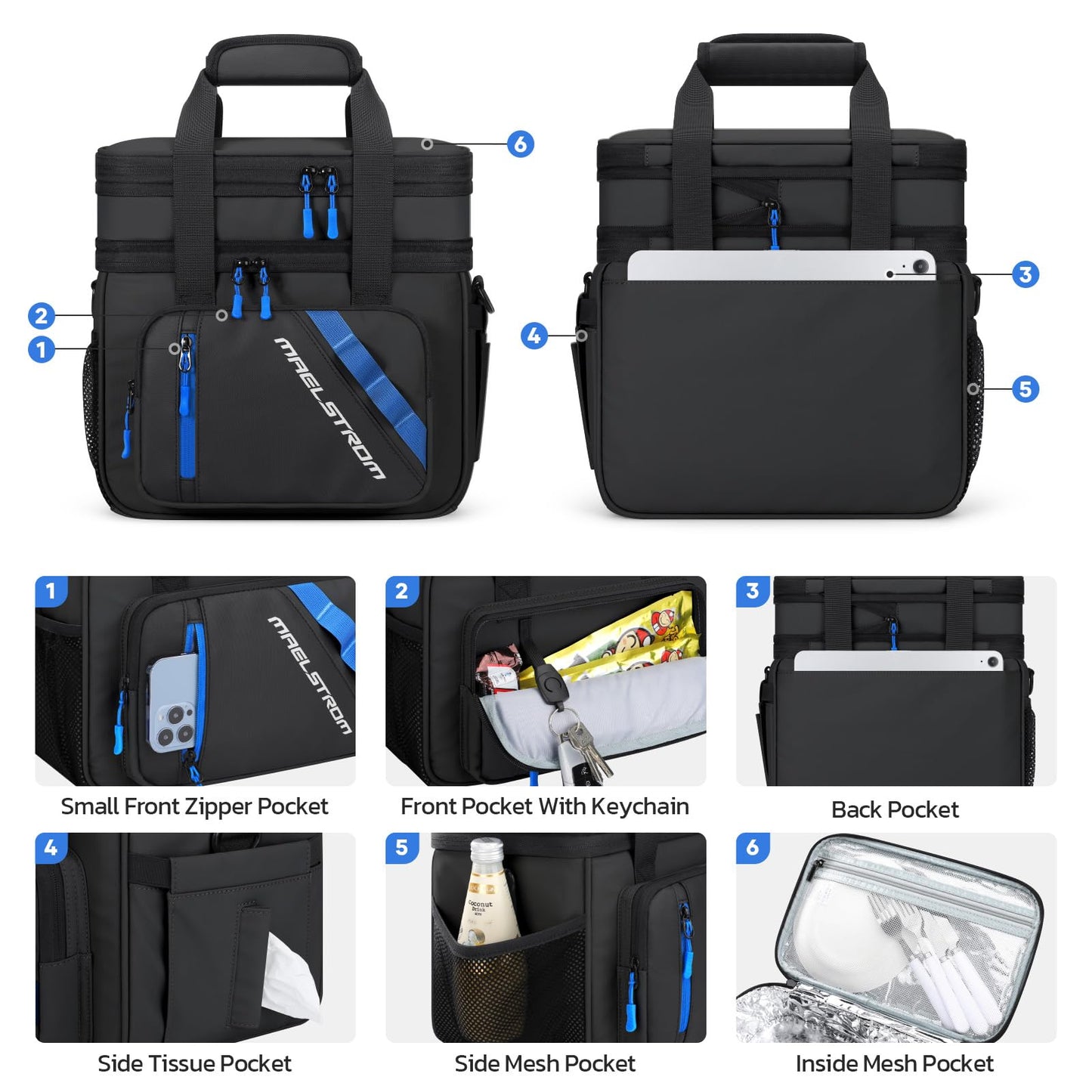 Maelstrom Lunch Box, 20L Insulated Lunch Bag for Men Women, Expandable Double Deck Leakproof Cooler Bag with 6 Pockets, Reusable Lunch Tote Bag for Work, Picnic, Travel, Black