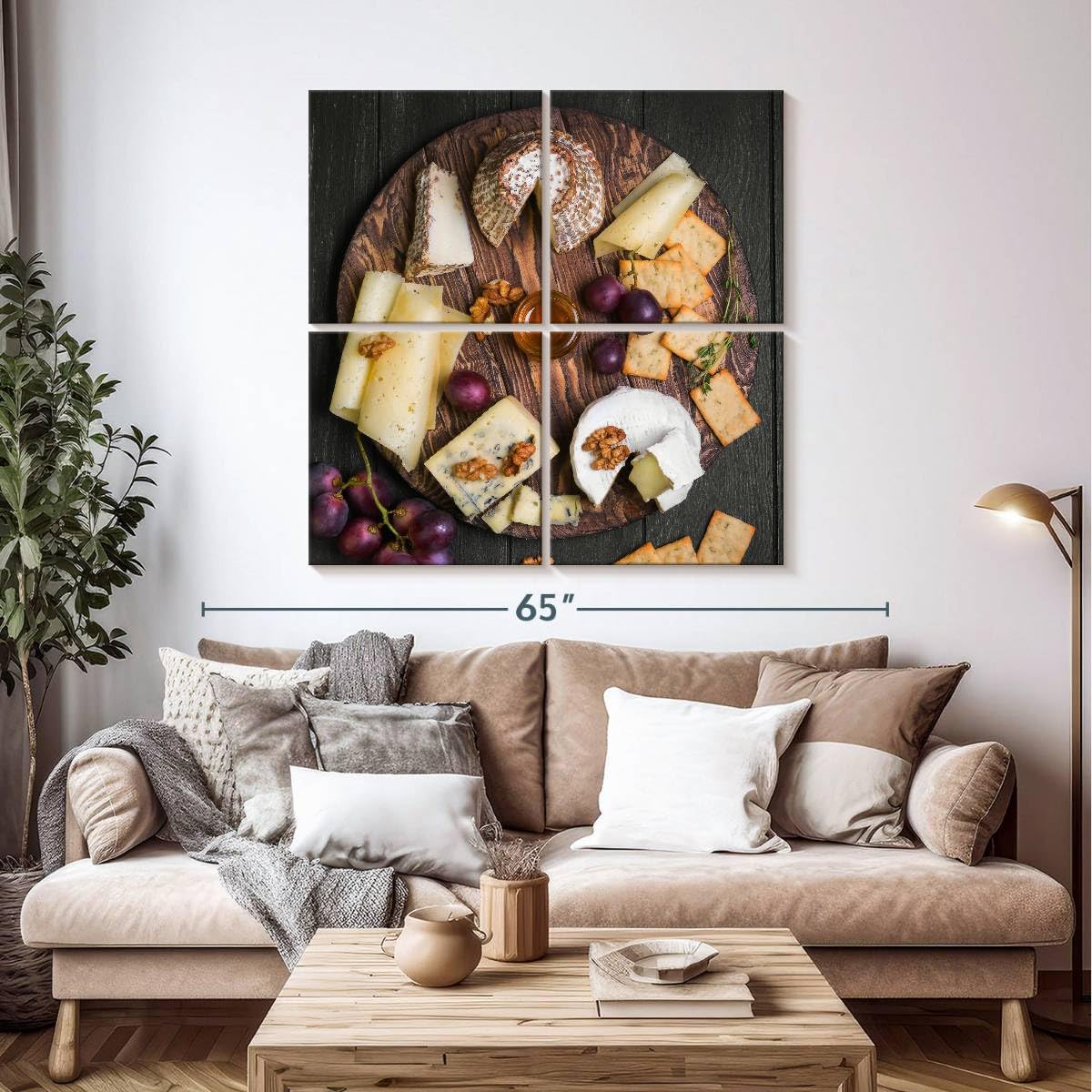 ElephantStock - Cheese Charcuterie Board Wall Art - Square Multi Panel Canvas - 4 Piece Dining Room Wall Decor - Photography Food And Drink Multi Piece Wall Art - Gray And Brown Decor - 45" x 45"