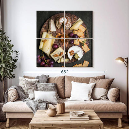 ElephantStock - Cheese Charcuterie Board Wall Art - Square Multi Panel Canvas - 4 Piece Dining Room Wall Decor - Photography Food And Drink Multi Piece Wall Art - Gray And Brown Decor - 45" x 45"
