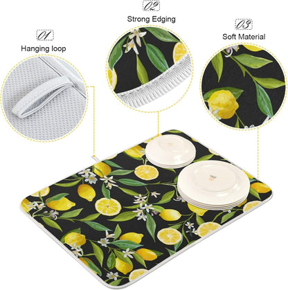 ALAZA Yellow Lemon on Black Dish Drying Mat, Absorbent Microfiber Large Drying Pad for Kitchen Counter