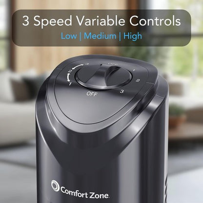 Comfort Zone Oscillating Tower Fan - Ultra-Slim Bladeless Design with 3 Speeds & 90° Oscillation | Quiet Portable Fan for Home or Office, Black