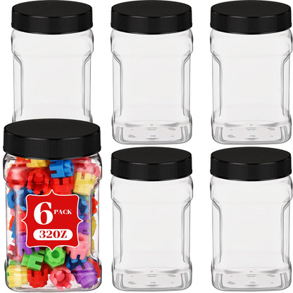 Geiserailie 6 Pcs Square Clear Plastic Jars with Pinch Handle Plastic Storage Container with Screw-on Lids Reusable Wide Mouth Canisters for Dry Good Peanut Cookies Candy (32 oz,Black Lids)