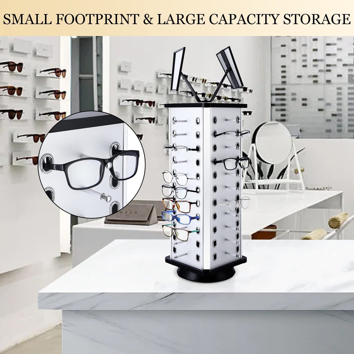 VARIPOWDER 360° Rotating Sunglass Display Stand – Sunglasses Organizer for Commercial & Home Use, Eyeglass Holder Stand, Space-Saving Sunglasses Display Rack with Mirror for 44 Pairs of Glasses