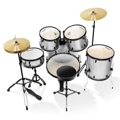 Gammon Percussion Full Size Complete Adult 5-Piece Drum Set with Cymbals, Stands, Stool, and Sticks - Silver