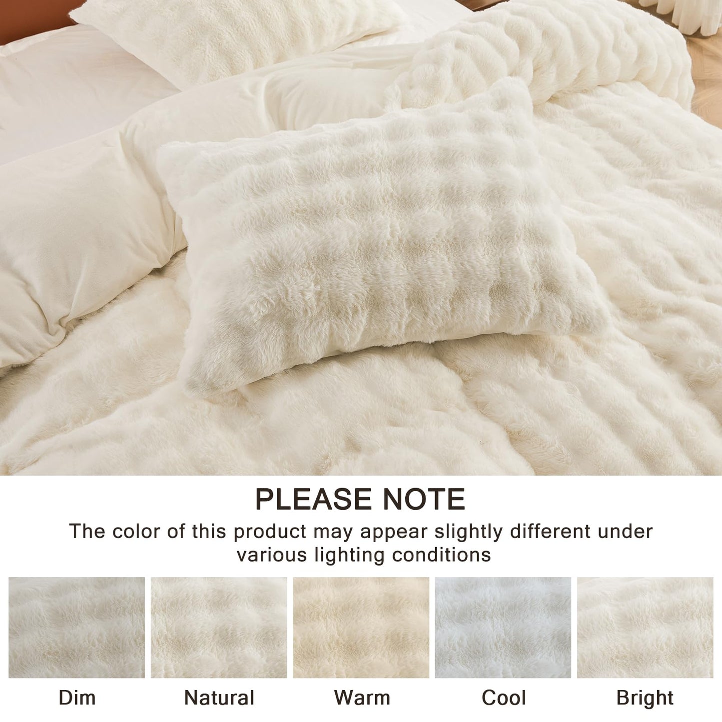 EMME Faux Fur Duvet Cover King Size, 3 Pieces Ultra Soft Fluffy Comforter Cover, Cozy Warm for Winter, Luxury Elegant Shaggy Bubble Design Bedding, 1 Duvet Cover & 2 Pillow Shams (King, Cream White)