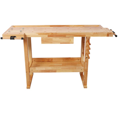 ABH 55 Inches Wood Workbench, Heavy Duty Woodworking Table with Adjustable Handle Vice, 300lbs Capacity Solid Wood Work with Storage Drawer Shelf for Garage, Workshop, Natural (1 Drawers)