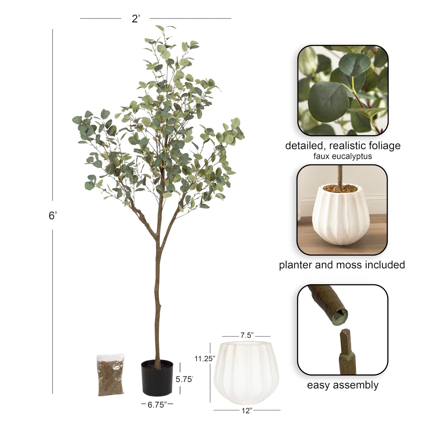 Kate and Laurel Eudora Faux Eucalyptus Tree with Claudel Scalloped Planter Pot, 6 FT, White, Potted Artificial Tree Indoor with Realistic Foliage and Added Moss, Fake Plant for Living Room Decor