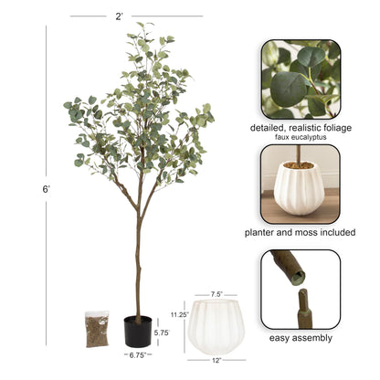 Kate and Laurel Eudora Faux Eucalyptus Tree with Claudel Scalloped Planter Pot, 6 FT, White, Potted Artificial Tree Indoor with Realistic Foliage and Added Moss, Fake Plant for Living Room Decor