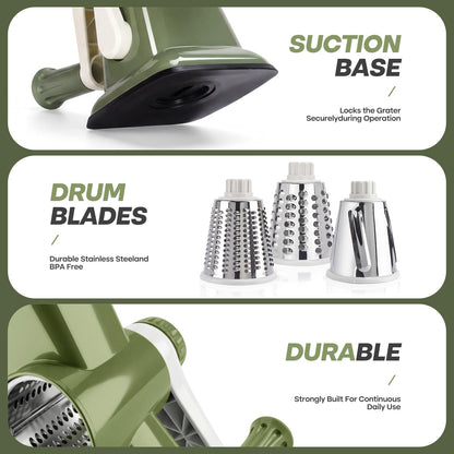 Grovix Rotary Cheese Grater,Cheese Shredder Hand Crank, Manual Cheese Grater for Veggies, 3-Blade Grater, Home Kitchen Appliances and Kitchen Gadgets