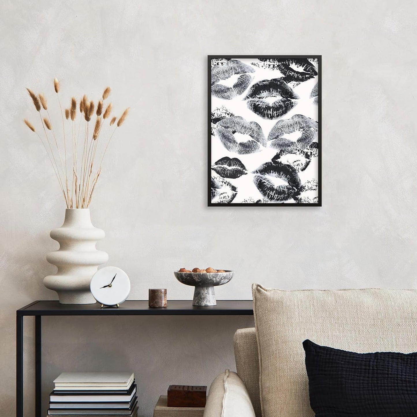 OMANI 08x10 inch Woman Lips Posters Black and White Sexy Kiss Canvas Wall Art Black Framed Fashion Retro Aesthetic