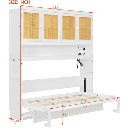DNYN Murphy Bed Frame with Top Cabinet and LED for Bedroom/Guest/Study Room, Twin Size Wooden Foldable Wall Bed with USB Ports, Space-Saving Design & No Box Spring Needed
