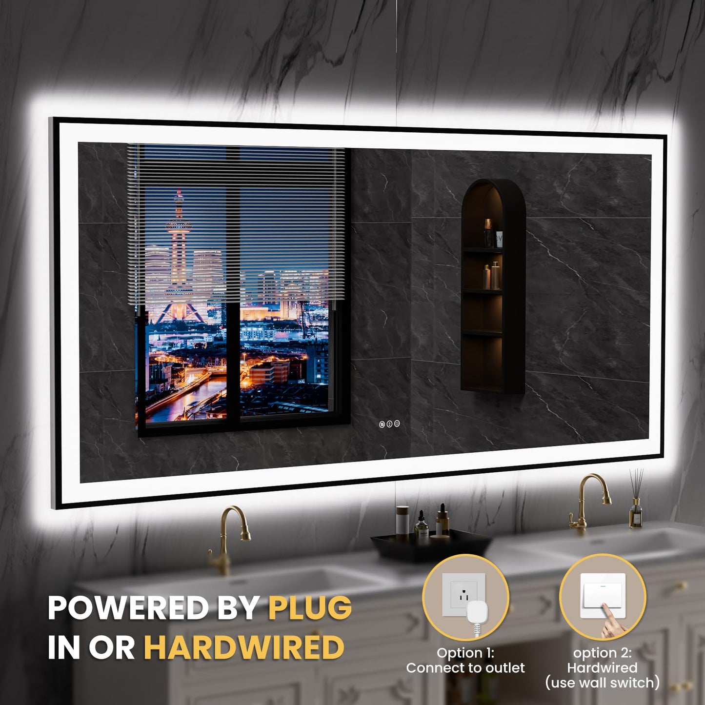 LOAAO 84"X40" LED Bathroom Mirror Black Framed, Anti-Fog, Dimmable, Lighted Bathroom Vanity Mirror for Wall, Memory Function, Tempered Glass
