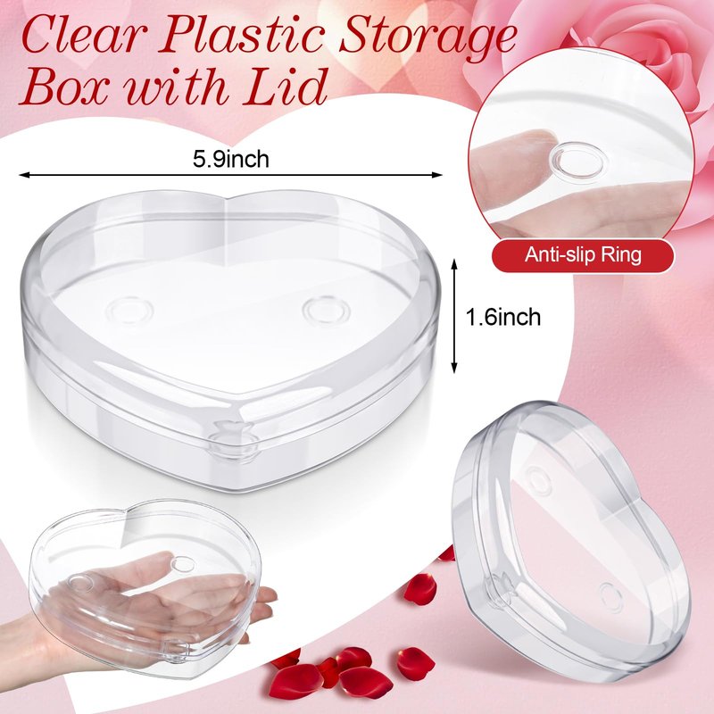 LOYIM 1 Pcs Heart Shaped Plastic Container, 5.9" W x 1.6" H Clear Plastic Storage Box with Lid and Anti Slip Ring Heart Dessert Plates Snack Tray for Mother Day Valentine Party Favor