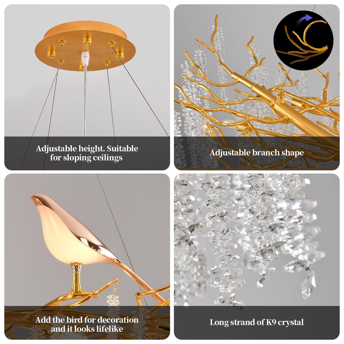 XYDikssn 43 Inch Gold Tree Branch Chandelier, 10-Light Linear Crystal Raindrop Pendant Light, Modern Luxury Hanging Lamp for Indoor Home Decor