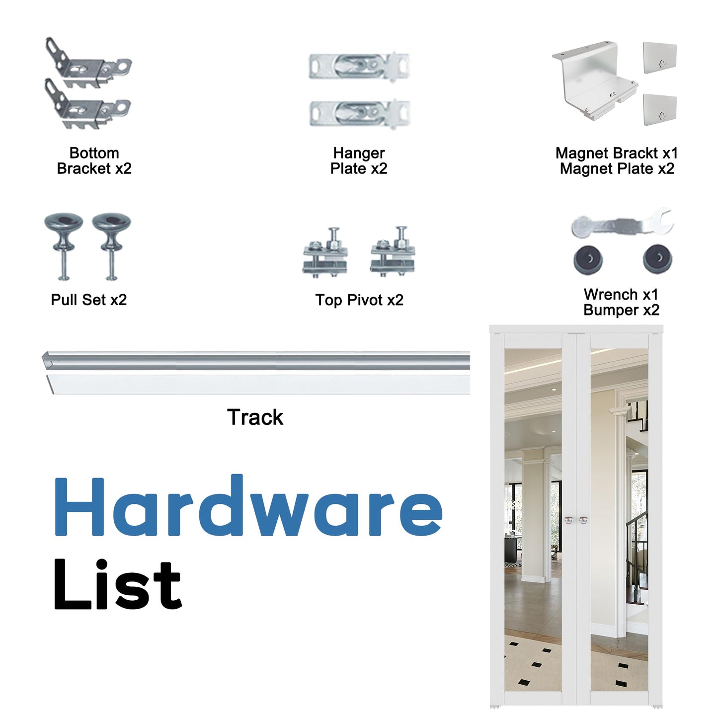 French Pivot Door for 80" x 60" Opening, Double Mirror Door Panels with Pivot Hardware, White, Water & Scratch-Resistant Surface