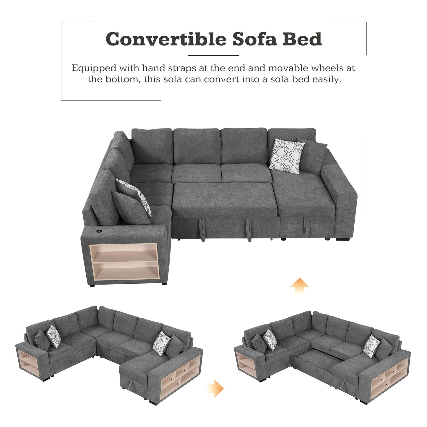 109-Inch U-Shaped Sleeper Sectional Sofa with Pull Out Sleeper Couch Bed for Living Room, Chenille Upholstered U-Shaped Corner Sleeping Sofabed W/Storage Chaise, USB Ports