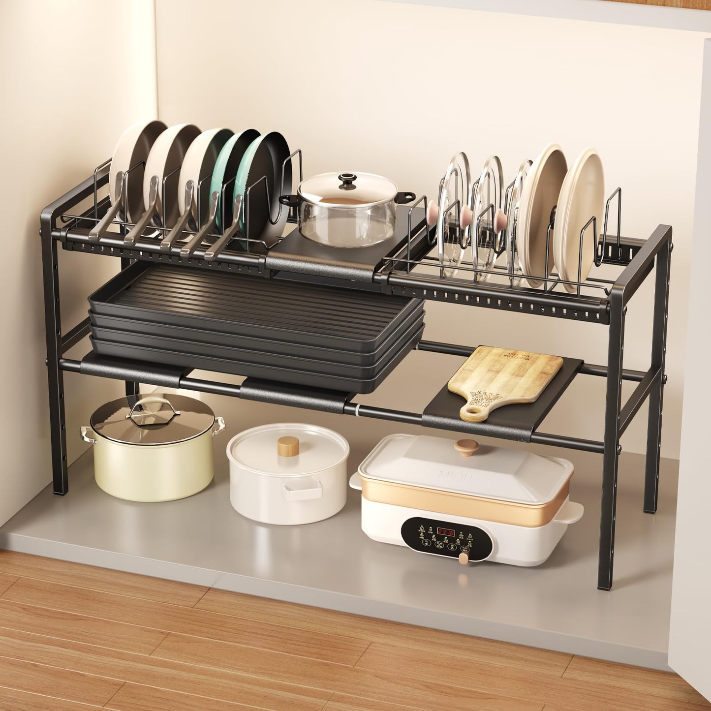 Mustorn Pots and Pans Organizer Under Cabinet, Expandable 2 Tier Under Sink Organizers and Storage Adjustable Height Kitchen Pot and Pan Lid Holder Rack with 12 Dividers Under Cabinet Shelf(Black)