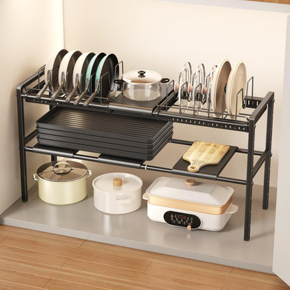 Mustorn Pots and Pans Organizer Under Cabinet, Expandable 2 Tier Under Sink Organizers and Storage Adjustable Height Kitchen Pot and Pan Lid Holder Rack with 12 Dividers Under Cabinet Shelf(Black)