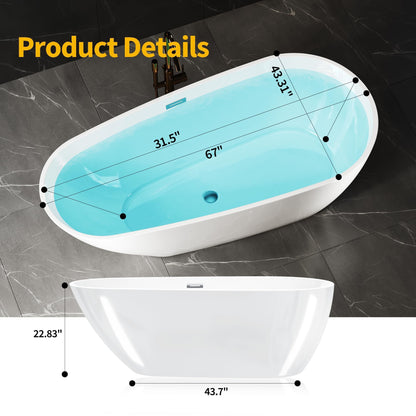 GarveeLife 67'' Acrylic Freestanding Bathtub, Soaking Bathtub with Deep Ergonomic Design Matte Drain Overflow, cUPC Certified, Double-Walled Insulation, Easy Install and Safe Use, White