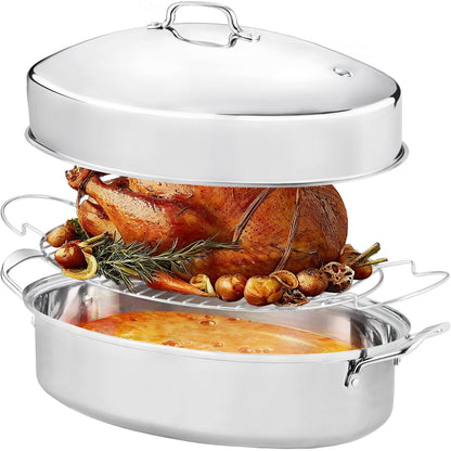Roasting Pan With Rack and Lid,Oval Stainless Steel Turkey Roasting Pan,22INCH(With Handle), Dishwasher Safe Bakeware for Turkey,Roasted Chicken,Beef or Veggies,by DIMESHY