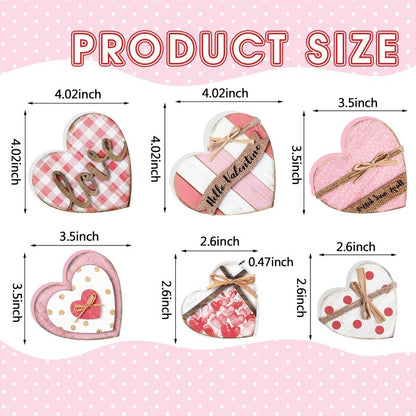 Wonderjune 6 Pcs Valentine‘s Day Decorations Rustic Heart Shaped Wooden Sign Farmhouse Love Wood Block Table Centerpiece Valentines Tiered Tray Decor for Valentines Day Wedding Home(Cute Style)