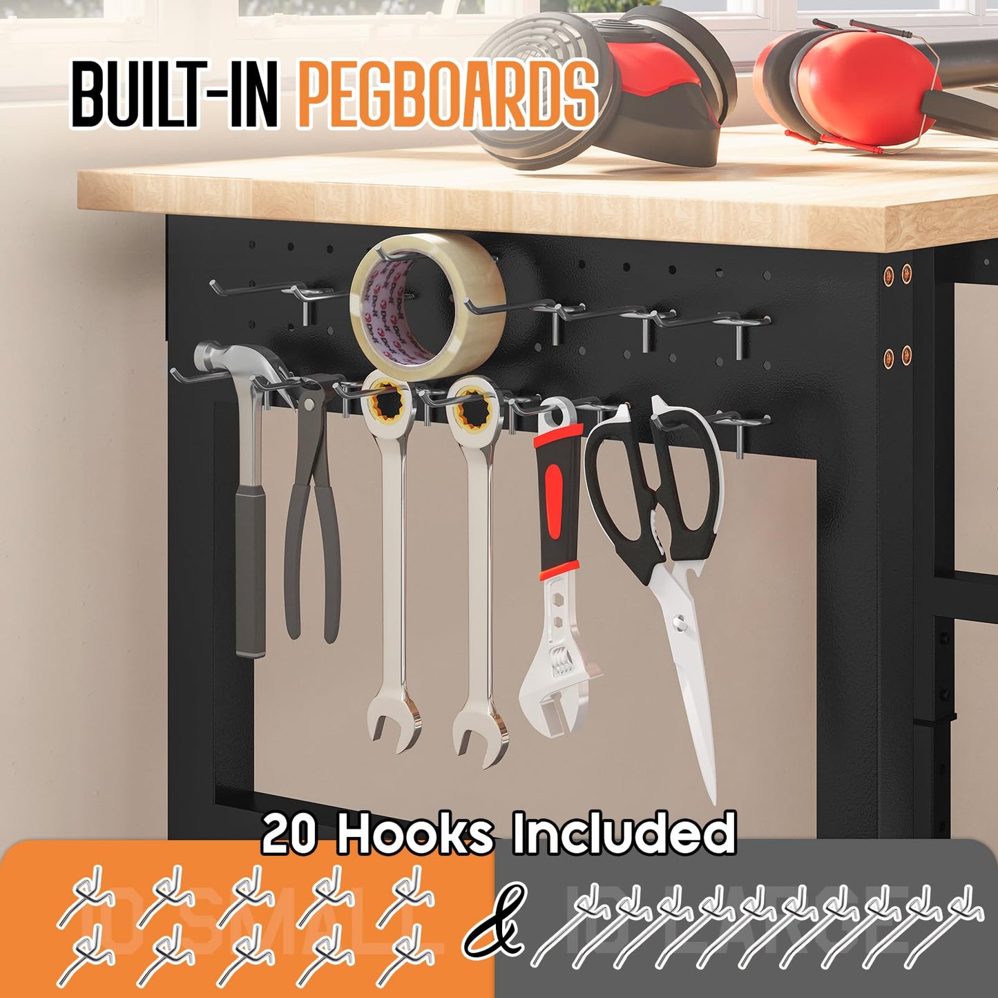 Albott 48" Adjustable 2-Tier Workbench with Solid Wood Top, Max 2500lbs Capacity, Built-in Power Strip with 4 AC Outlets & 2 USB Ports, Pegboard & 20 Hooks, Shop Garage Office