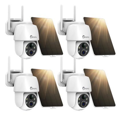 CAMSTRO Solar Security Cameras Wireless Outdoor 4 Pack, WiFi 6 with 4dBi Antenna for Whole-Home Coverage, 2K PTZ PIR Detection with Color Night Vision for Driveway, Garage & Backyard, Alexa & Google