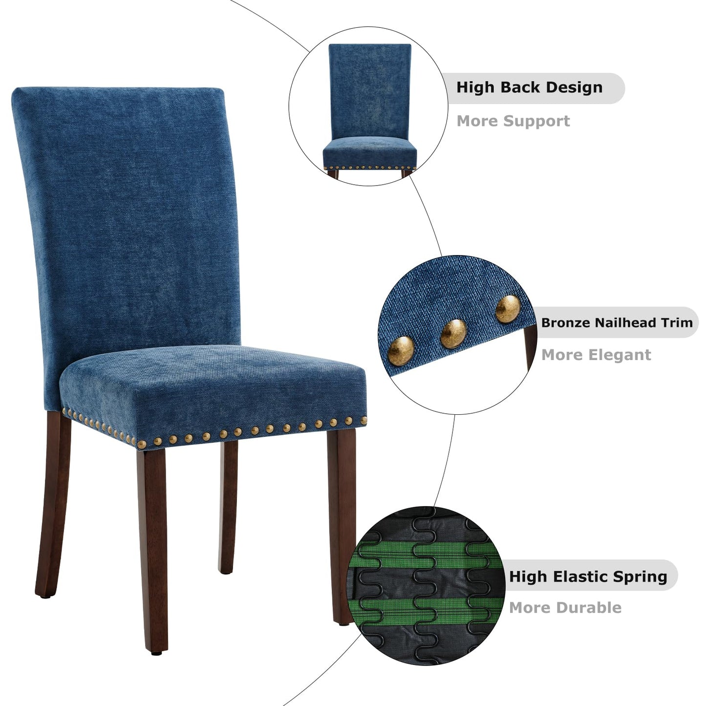 MALOL High Back Dining Chairs Set of 6, Upholstered Dining Room Chair with Wood Legs and Nailhead Trim, Modern Padded Kitchen Chairs for Dining Room/Restaurant, Dark Blue