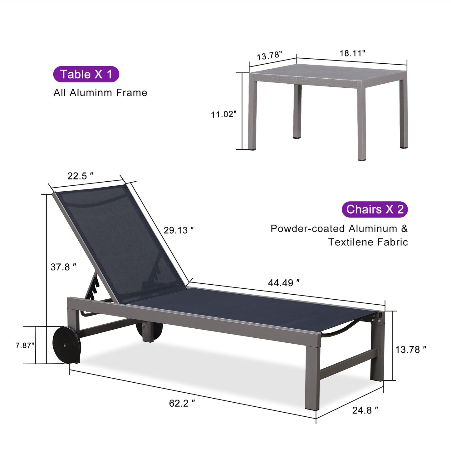 PURPLE LEAF Outdoor Lounge Chair Set for 2 Patio Chaise Lounger with Aluminum Frame and Easy-to-Move Wheels All-Weather Pool Lounge Chairs for Outside Garden Yard Poolside Table Included, Navy Blue
