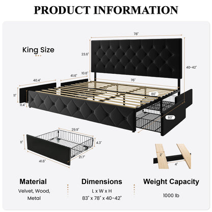 SHA CERLIN King Size Platform Bed Frame with 4 Oversized Storage Drawers, Adjustable Headboard with Velvet Upholstery, Diamond Button Tufted Design, Wooden Slat Support, No Box Spring Needed, Black